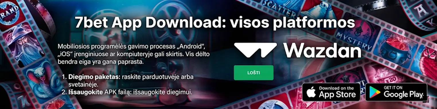 Grafinis elementas su „Android“, „iOS“ ir „Windows“ logotipais, kviečiantis vartotojus atsisiųsti 7bet programėlę