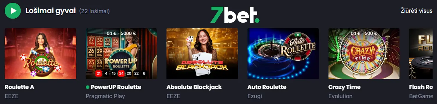 7bet gyvojo kazino studija su profesionaliais dalintojais, dirbančiais realiuoju laiku