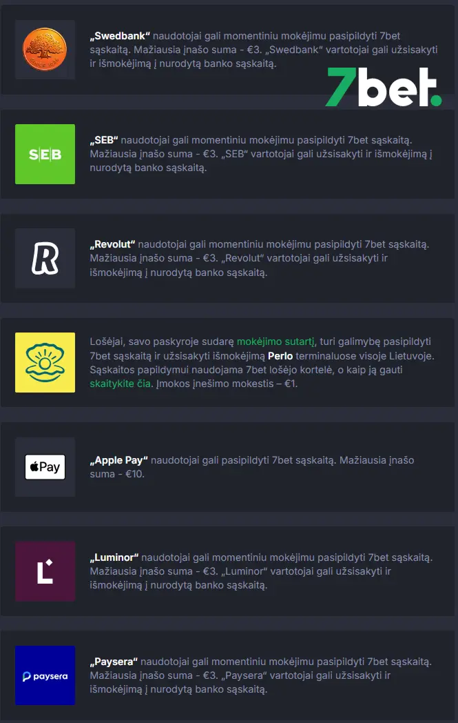 visi 7bet kazino siūlomi įmokėjimo ir išėmimo būdai