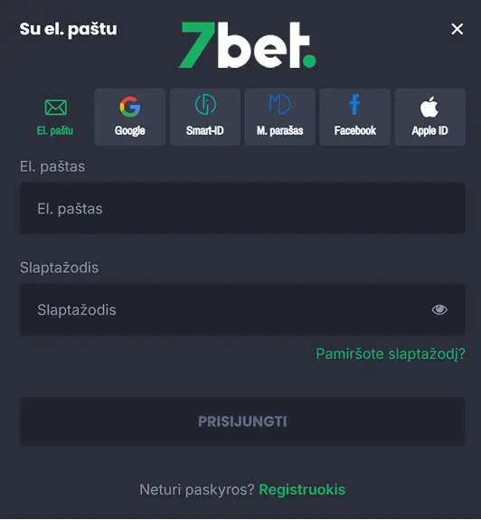 7bet prisijungimo formos laukeliai, skirti vartotojo vardui ir slaptažodžiui įvesti