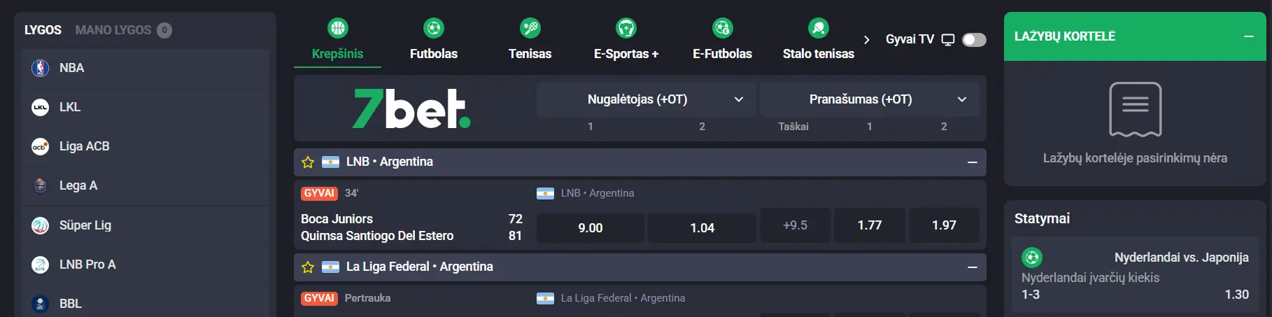 7bet lažybų gyvai skyrius, kuriame rodomi realiuoju laiku kintantys koeficientai