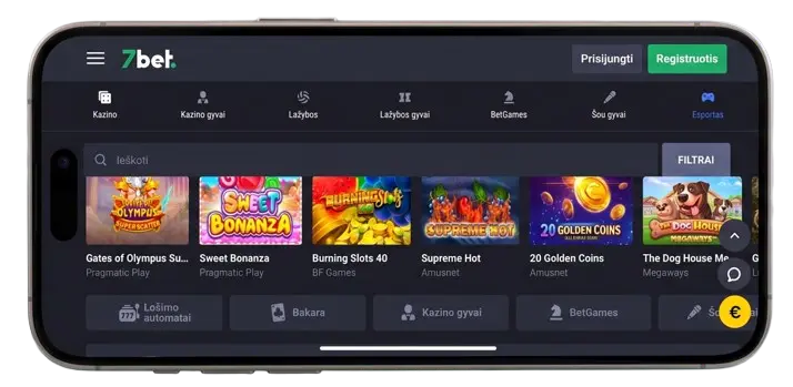 Išmanusis telefonas su atidaryta 7bet mobiliąja programėle, demonstruojantis patogią vartotojo sąsają
